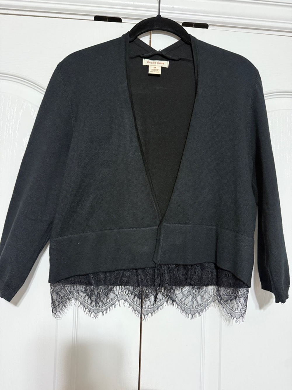 Crochet-Lace Hem Open Cardigan/Shrug Sweater - Black
